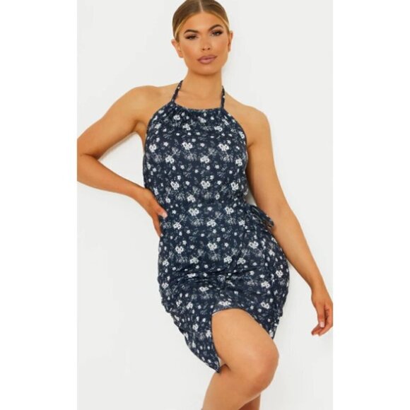 Pretty Little Things BLUE DITSY PRINT RACER NECK Tea Dress Mini New - Picture 1 of 8